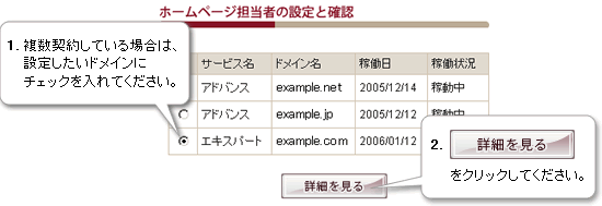 ホームページ担当者の設定と確認画面